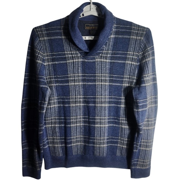 Jos A Bank Reserve Mens Plaid Shawl Collar Knit Sweater Wool Cashmere Blend L - Picture 1 of 9